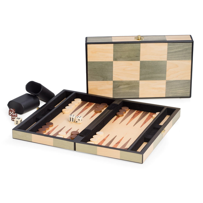 Occasion Gallery Birch/Olive  Color Backgammon Set with Birch and Olive Wood Inlay.  11.75 L x 6.75 W x 2 H in.