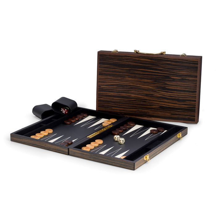 Occasion Gallery Birch/Black Color Backgammon Set with Wenge Finished Wood Exterior and Black and White Interior. 15 L x 9.25 W x 2 H in.