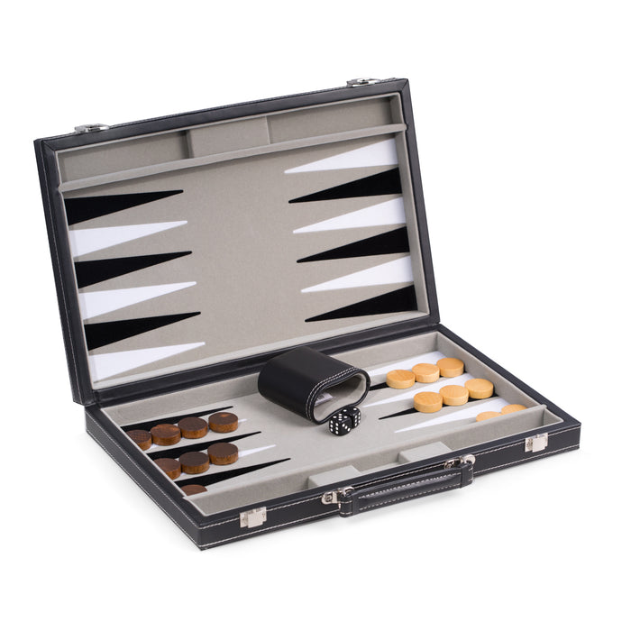 Occasion Gallery Black Color Black Leatherette 15" Backgammon Set with Chrome Accents and Felt Interior Lined. 15 L x 9.5 W x 2 H in.