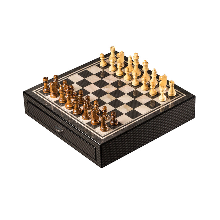 Occasion Gallery Beige/Brown Color "Carbon Fiber & Mother of Pearl" Design Chess Set with Accessory Drawers and Weighed Pions. 15 L x 13.25 W x 3.5 H in.