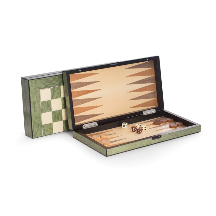 Occasion Gallery Green Color Lacquer Finished 15.5" Green Inlaid  Wood Backgammon & Chess Set. Features Weighed Pions, Wood Checkers, 2 set of Die, Doubling Dice, 2 Dice Cups and Magnetic Closure. 15.5 L x 8 W x 2.25 H in.