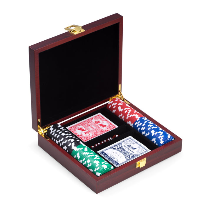 Occasion Gallery ROSEWOOD Color Poker Set with 100, 11.5 gram Clay Composite Chips, Two Decks of Playing Cards & 5 Poker Dice in Cherry Finish Wood Case and Brass Hardware. 8.5 L x 7.5 W x 2 H in.
