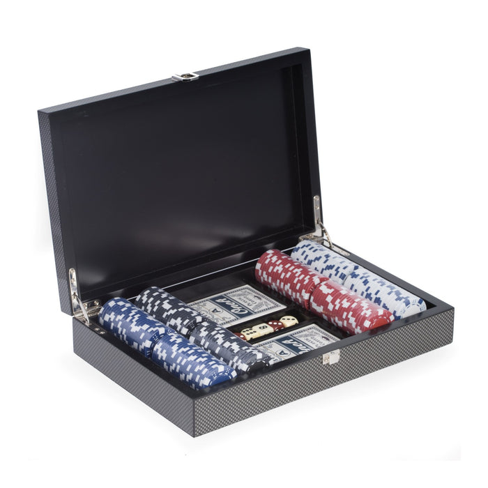 Occasion Gallery BLACK/ GRAY Color Poker Set with 200, 11.5 gram Clay Composite Chips, Two Decks of Playing Cards & 5 Poker Dice in "Carbon Fiber" storage Case and Chrome Plated Hardware. 8 L x 12.25 W x 2.5 H in.