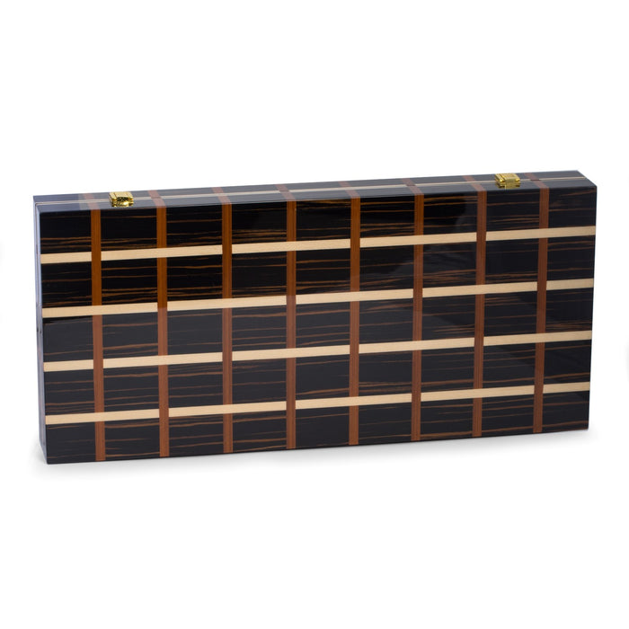Occasion Gallery BLACK/TAN/BROWN Color Art Deco Design 21" Backgammon Set with  Multi-Color Wood  Inlay and Brass Hardware.  21 L x 9.75 W x 2.5 H in.