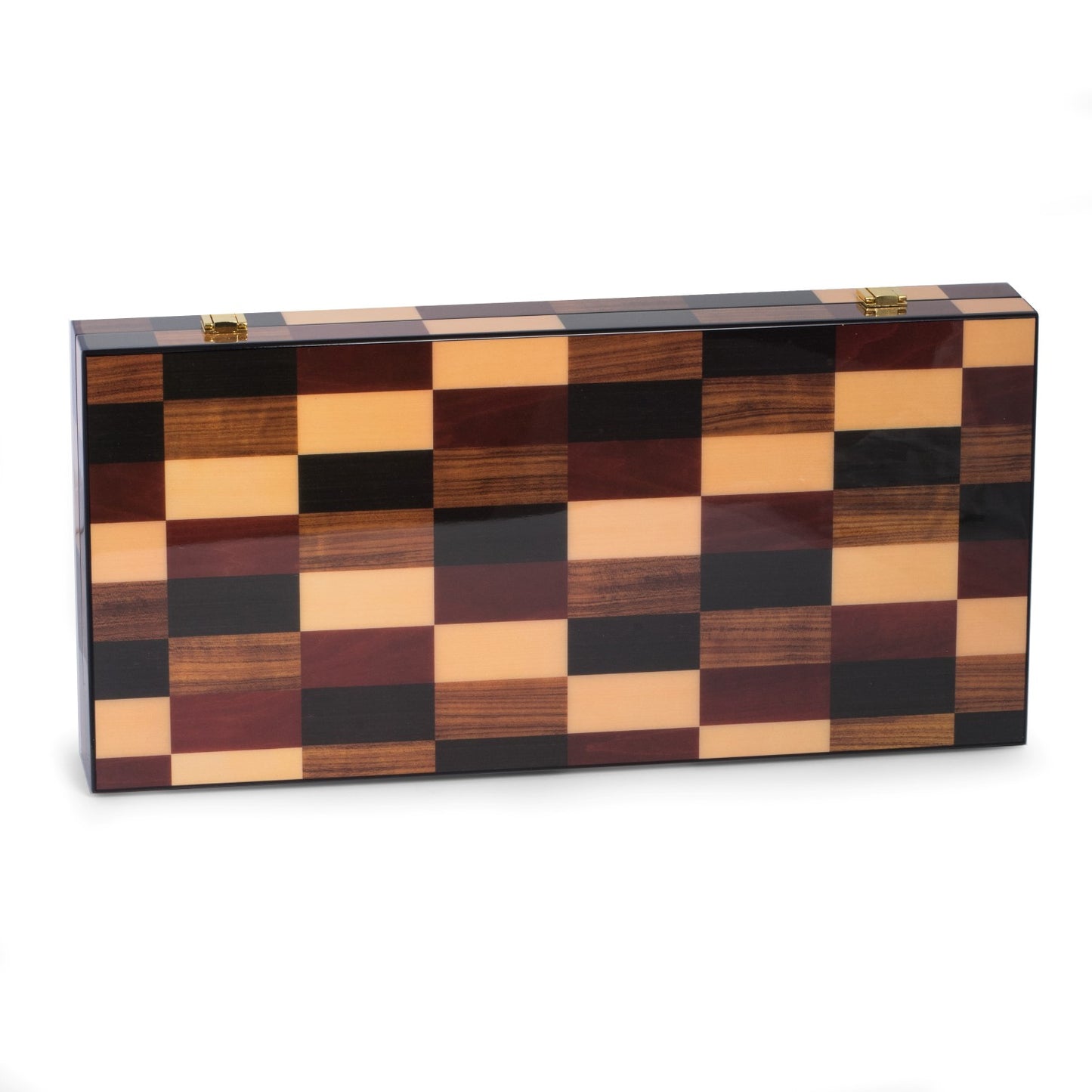Occasion Gallery BLACK/TAN/BROWN Color Art Deco Design 18" Backgammon Set with  Multi-Color Wood  Inlay and Brass Hardware.  21 L x 9.75 W x 2.5 H in.