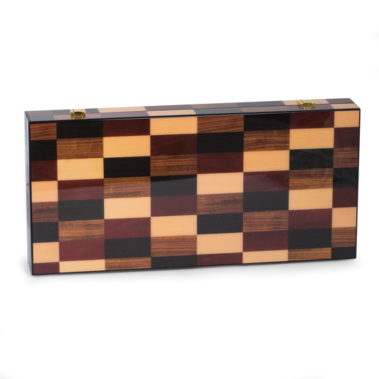 Occasion Gallery BLACK/TAN/BROWN Color Art Deco Design 18" Backgammon Set with  Multi-Color Wood  Inlay and Brass Hardware.  21 L x 9.75 W x 2.5 H in.
