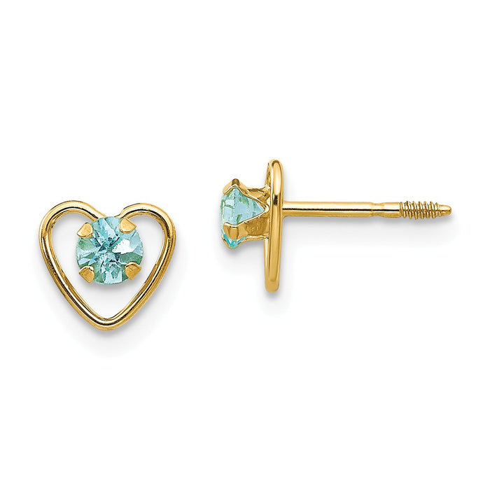 14k Yellow Gold Madi K 3mm Aquamarine Birthstone Heart Earrings, 6mm x 6mm