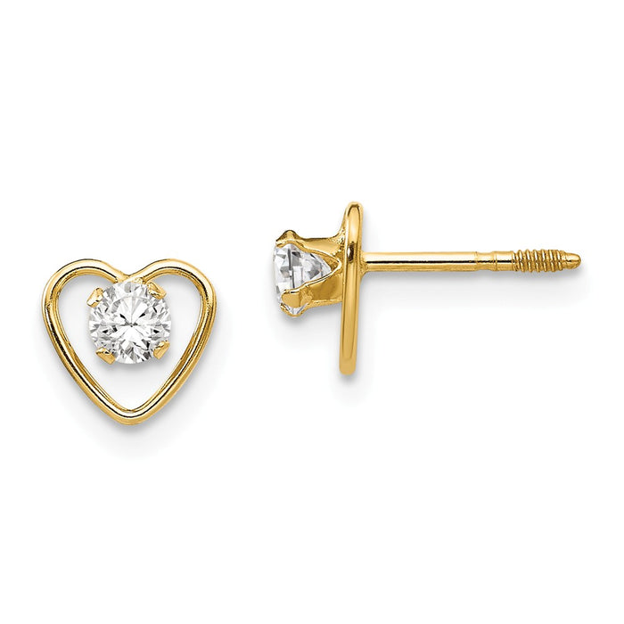 14k Yellow Gold Madi K 3mm White Zircon Birthstone Heart Earrings, 6mm x 6mm