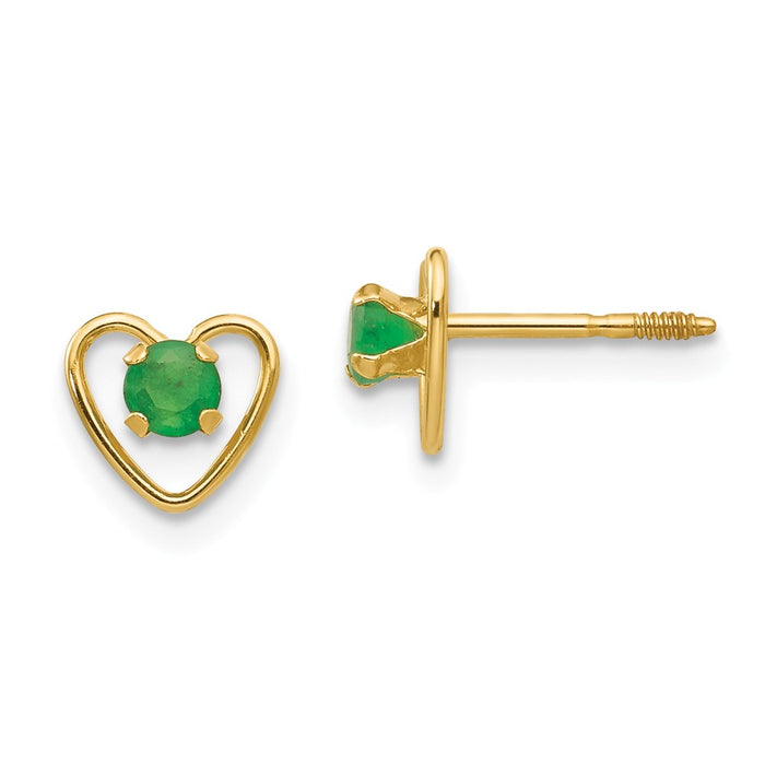 14k Yellow Gold Madi K 3mm Emerald Birthstone Heart Earrings, 6mm x 6mm