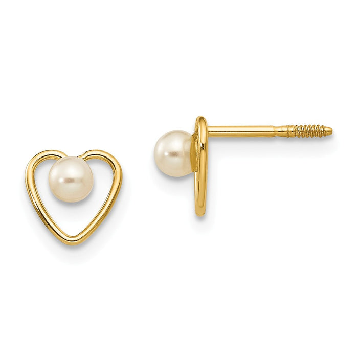 14k Yellow Gold Madi K 3mm Freshwater Cultured Pearl Birthstone Heart Earrings, 6mm x 6mm