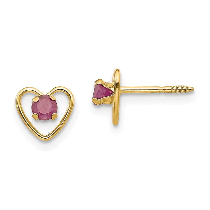 14k Yellow Gold Madi K 3mm Ruby Birthstone Heart Earrings, 6mm x 6mm