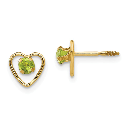 14k Yellow Gold Madi K 3mm Peridot Birthstone Heart Earrings, 6mm x 6mm