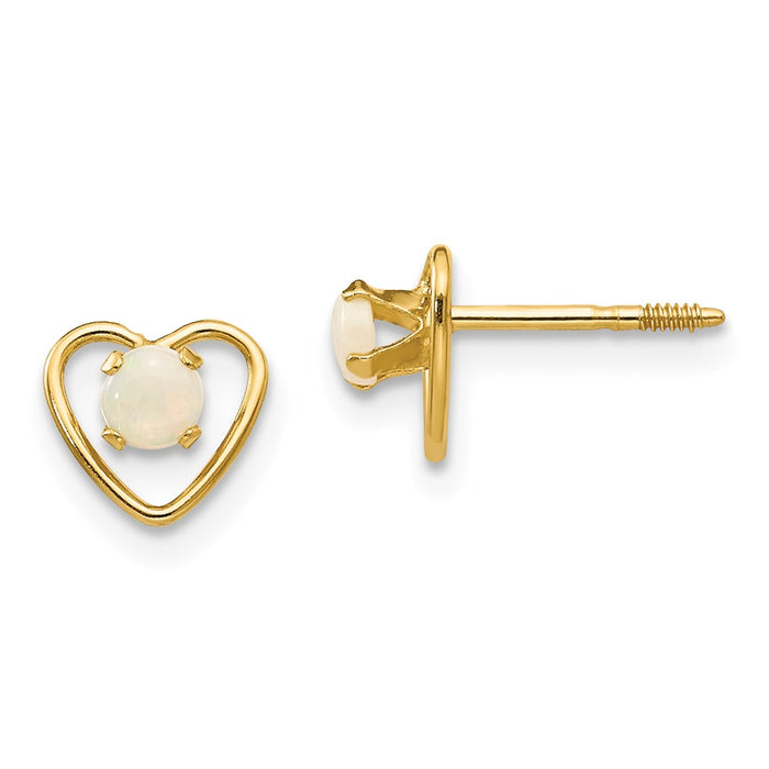 14k Yellow Gold Madi K 3mm Opal Birthstone Heart Earrings, 6mm x 6mm