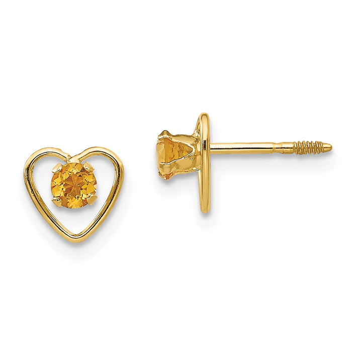 14k Yellow Gold Madi K 3mm Citrine Birthstone Heart Earrings, 6mm x 6mm