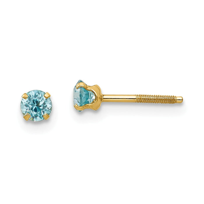 14k Yellow Gold Madi K 3mm Blue Zircon Earrings, 6mm x 6mm