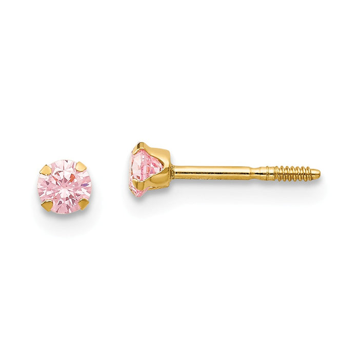 14k Yellow Gold Madi K 3mm Pink Cubic Zirconia ( CZ ) Earrings, 4mm x 4mm