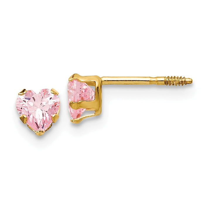 14k Yellow Gold Madi K 4mm Pink Cubic Zirconia ( CZ ) Heart Earrings, 4mm x 4mm