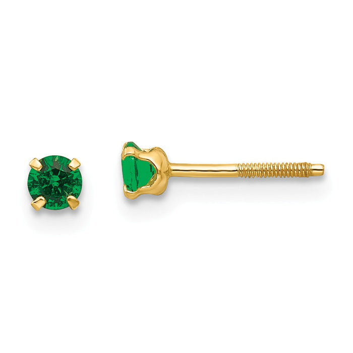 14k Yellow Gold Madi K 3mm Synthetic Emerald Birthstone Earrings, 3mm x 3mm