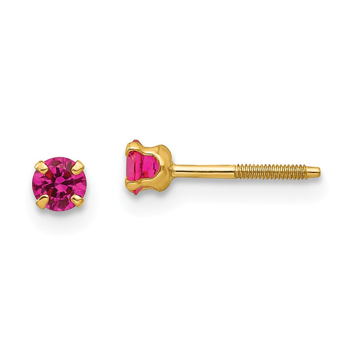 14k Yellow Gold Madi K 3mm Synthetic Ruby Birthstone Earrings, 3mm x 3mm