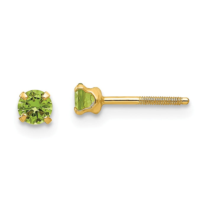 14k Yellow Gold Madi K 3mm Synthetic Peridot Earrings, 3mm x 3mm