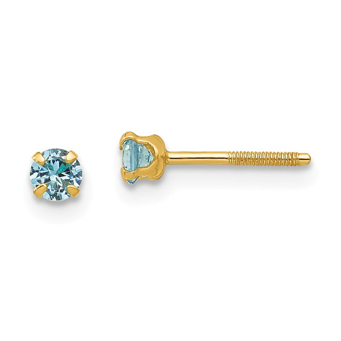 14k Yellow Gold Madi K 3mm Synthetic Blue Zircon Birthstone Earrings, 3mm x 3mm