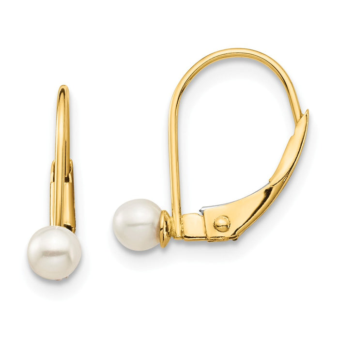 14k Yellow Gold Madi K 3-4mm White Round Freshwater Cultured Pearl Leverback Earrings, 12mm x 3mm