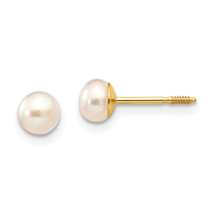 14k Yellow Gold Madi K 4-5mm White Round Freshwater Cultured Pearl Stud Post Screwback Earrings, 4.5mm x 4.5mm