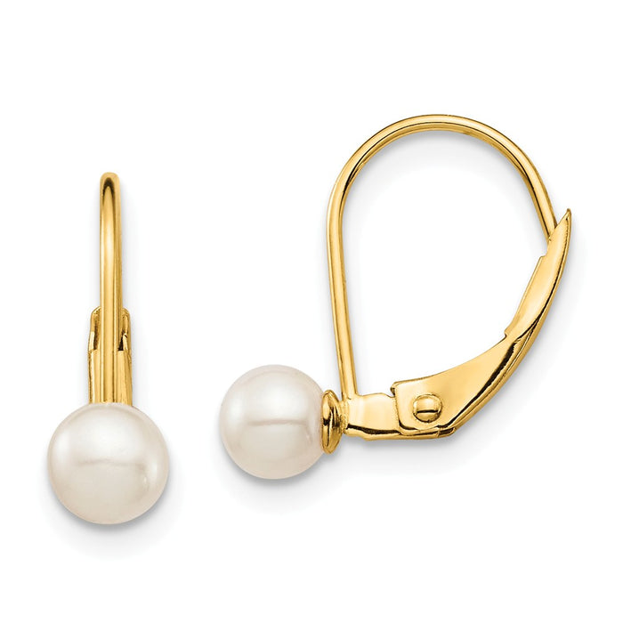 14k Yellow Gold Madi K 4-5mm White Round Freshwater Cultured Pearl Leverback Earrings, 14mm x 4mm