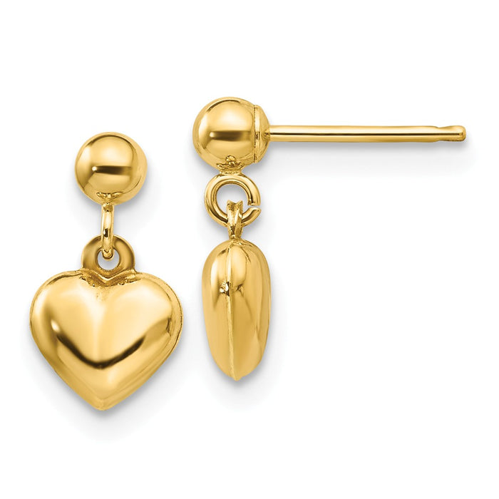 14k Yellow Gold Madi K Puffed Heart Dangle Earrings, 11mm x 6mm