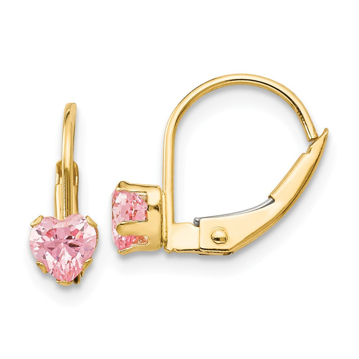 14k Yellow Gold Madi K Leverback 4mm Pink Cubic Zirconia ( CZ ) Earrings, 12mm x 5mm