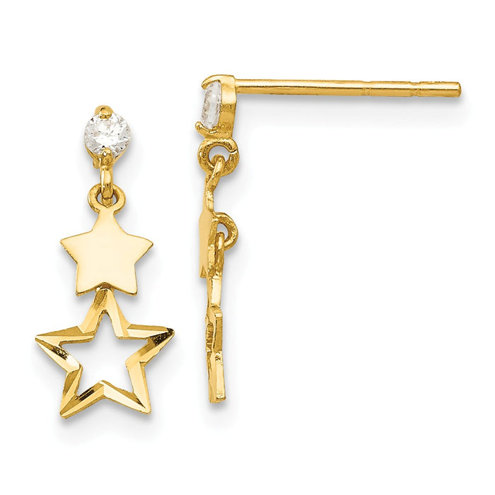14k Yellow Gold Madi K Cubic Zirconia ( CZ ) Polished Star Post Dangle Earrings, 15mm x 6mm