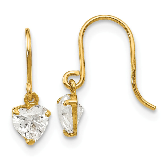 14k Yellow Gold Madi K Cubic Zirconia ( CZ ) Children's Heart Dangle Earrings, 15mm x 5mm
