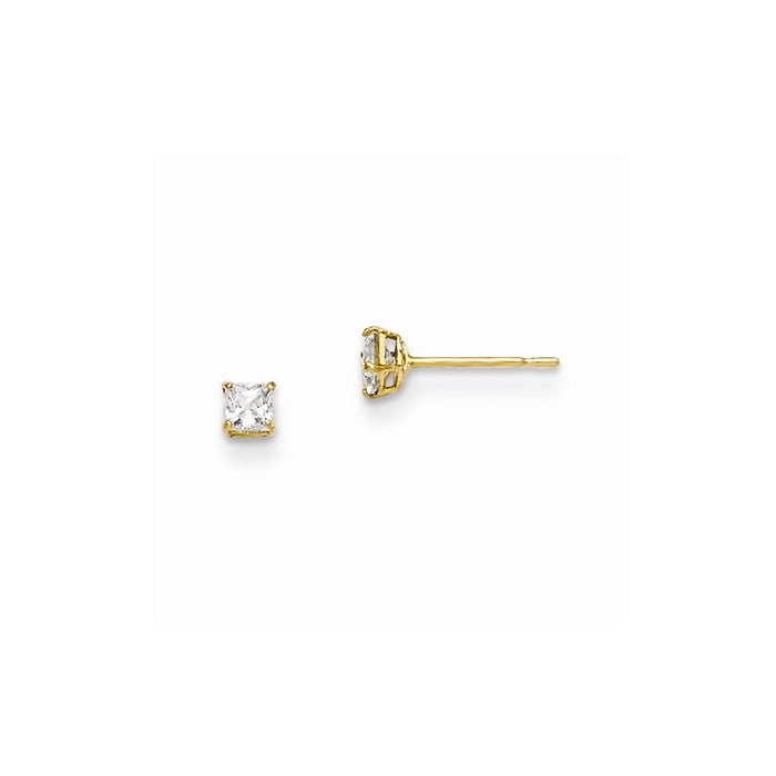 14k Yellow Gold Madi K 2.5mm Square Cubic Zirconia ( CZ ) Basket Set Stud Earrings, 2.5mm x 2.5mm