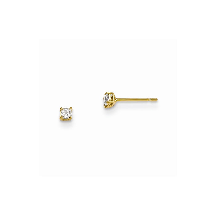 14k Yellow Gold Madi K 2mm Square Cubic Zirconia ( CZ ) Basket Set Stud Earrings, 2mm x 2mm