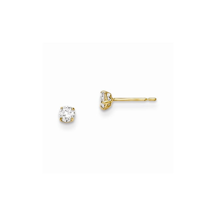 14k Yellow Gold Madi K 3mm Round Cubic Zirconia ( CZ ) Basket Set Stud Earrings, 3mm x 3mm