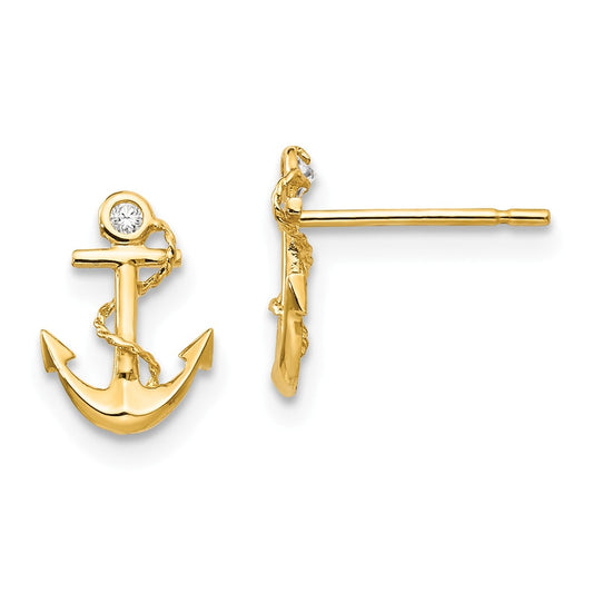 14k Yellow Gold Madi K Cubic Zirconia ( CZ ) Children's Anchor Post Earrings, 9mm x 7mm