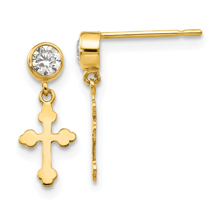 14k Yellow Gold Madi K Cubic Zirconia ( CZ ) Children's Cross Dangle Post Earrings, 15mm x 6mm