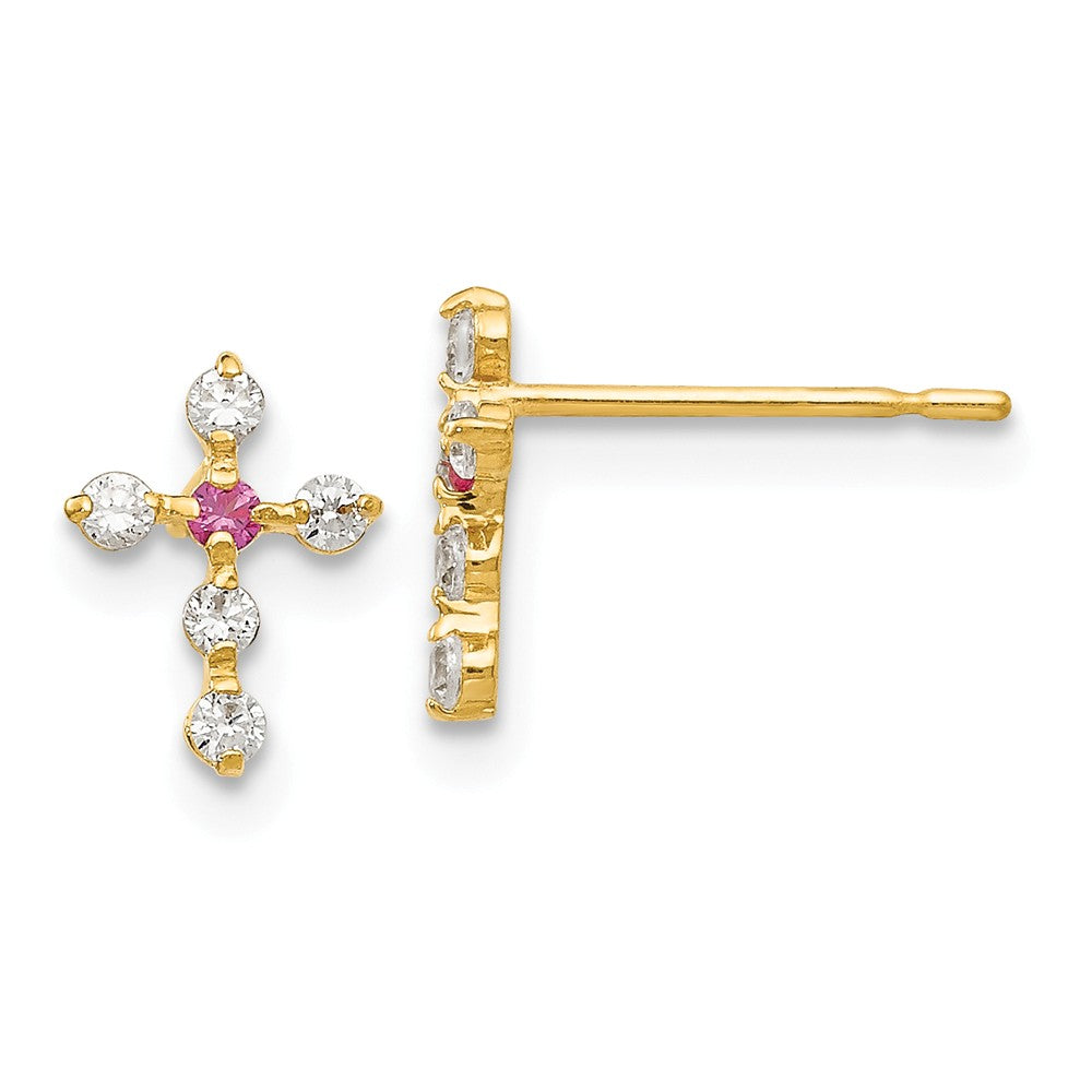 14k Yellow Gold Madi K Cubic Zirconia ( CZ ) Children's Cross Post Earrings, 8mm x 6mm