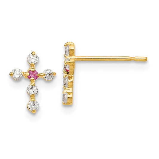 14k Yellow Gold Madi K Cubic Zirconia ( CZ ) Children's Cross Post Earrings, 8mm x 6mm