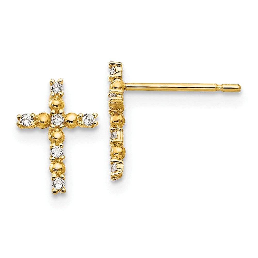 14k Yellow Gold Madi K Cubic Zirconia ( CZ ) Children's Cross Post Earrings, 10mm x 7mm