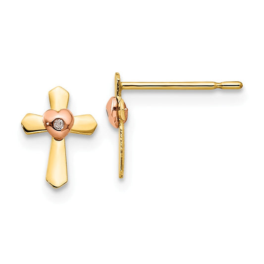 14k Yellow & Rose Gold Madi K Children's Cross Heart Post Earrings, 8mm x 6mm