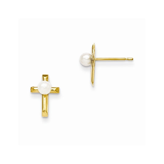 14k Yellow Gold Madi K Freshwater Cultured Pearl Children's Cross Post Earrings, 11mm x 7mm