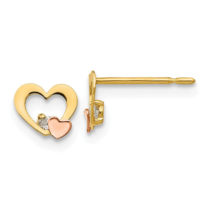 14k Yellow & Rose Gold Madi K Cubic Zirconia ( CZ ) Children's Heart Post Earrings, 5mm x 6mm