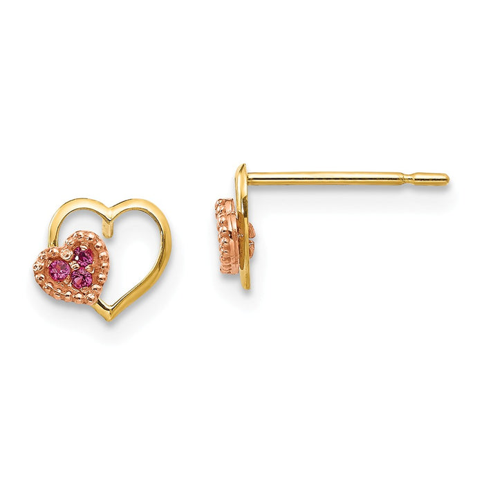 14k Yellow & Rose Gold Madi K Cubic Zirconia ( CZ ) Children's Heart Post Earrings, 6mm x 7mm