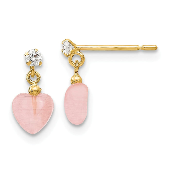 14k Yellow Gold Madi K Cubic Zirconia ( CZ ) and Pink Cat's Eye Heart Dangle Post Earrings, 1mm x 5mm