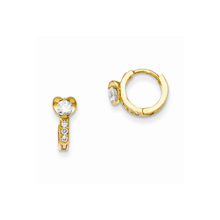 14k Yellow Gold Madi K Cubic Zirconia ( CZ ) Children's Heart Hinged Hoop Earrings, 10mm x 5mm