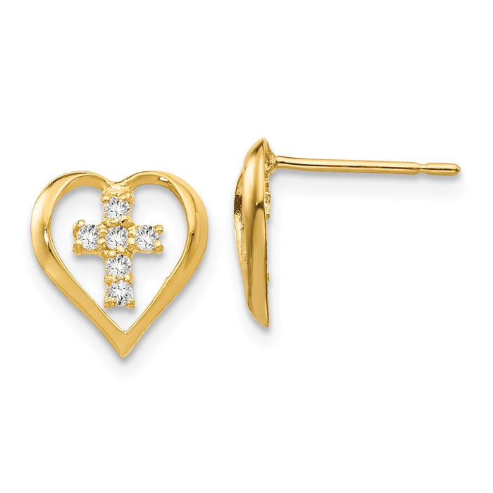 14k Yellow Gold Madi K Cubic Zirconia ( CZ ) Children's Heart Cross Post Earrings, 10mm x 9mm