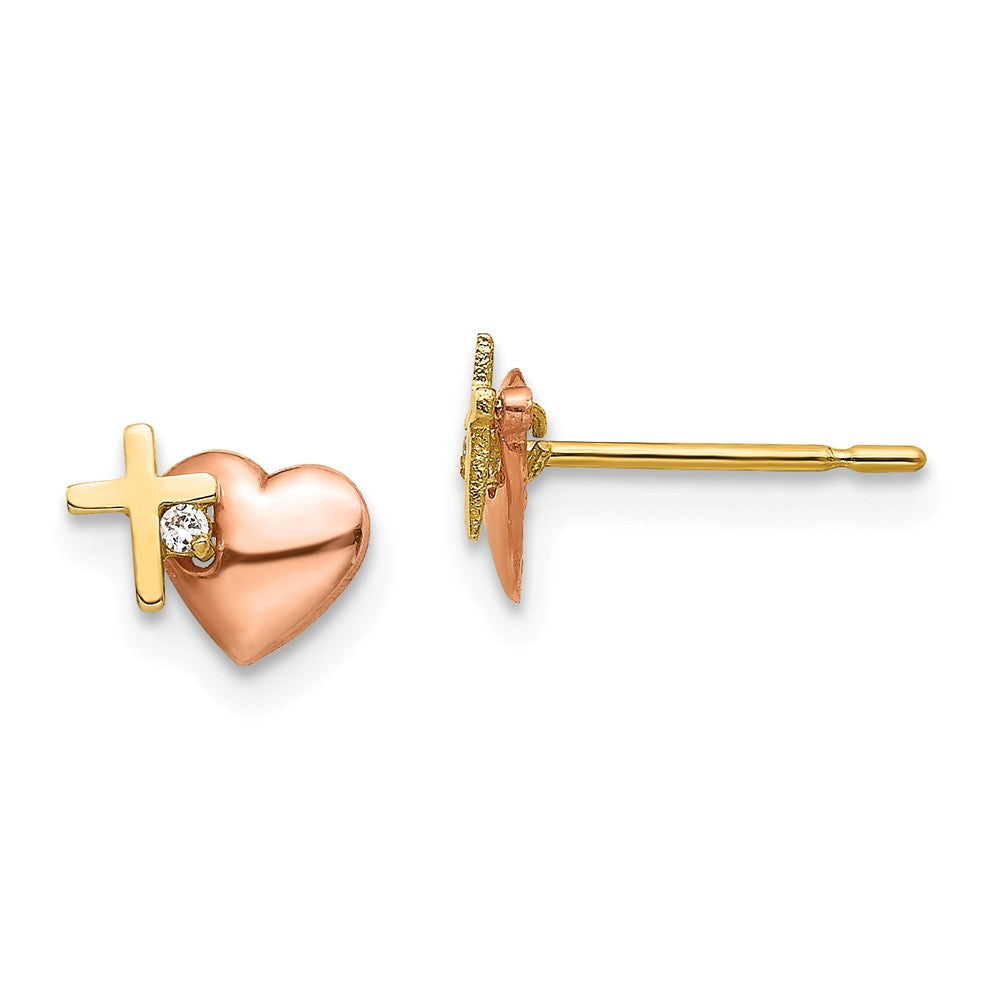14k Yellow & Rose Gold Madi K Cubic Zirconia ( CZ ) Heart and Cross Post Earrings, 6mm x 7mm