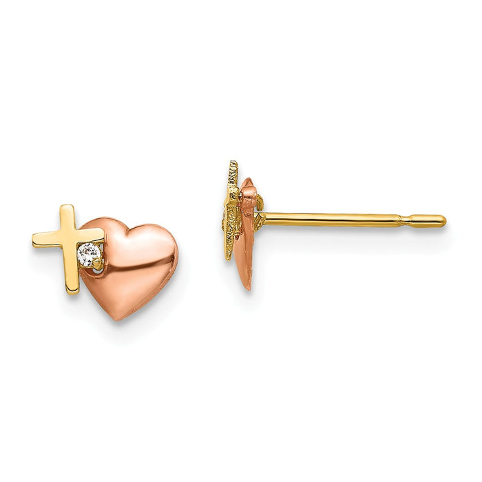 14k Yellow & Rose Gold Madi K Cubic Zirconia ( CZ ) Heart and Cross Post Earrings, 6mm x 7mm