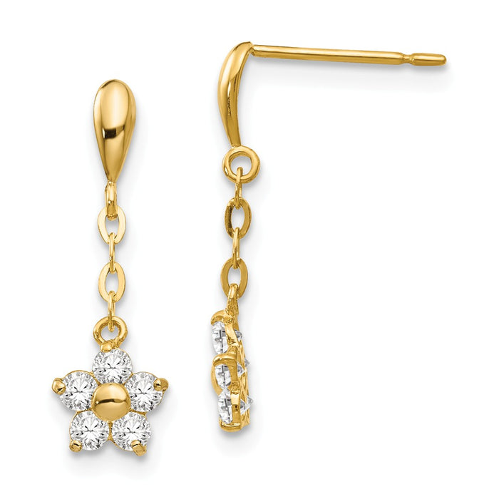 14k Yellow Gold Madi K Cubic Zirconia ( CZ ) Children's Flower Dangle Post Earrings, 20mm x 6mm